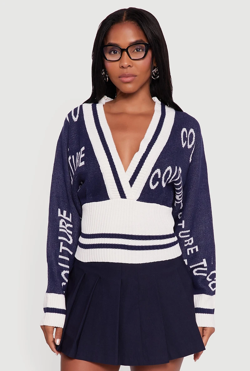 Womens Couture Graphic Long Sleeve Plunge Neck Sweater, Blue, Size S