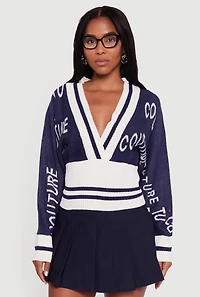 Womens Couture Graphic Long Sleeve Plunge Neck Sweater, Blue, Size S