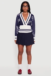 Womens Couture Graphic Long Sleeve Plunge Neck Sweater, Blue, Size S