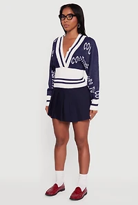 Womens Couture Graphic Long Sleeve Plunge Neck Sweater, Blue, Size S