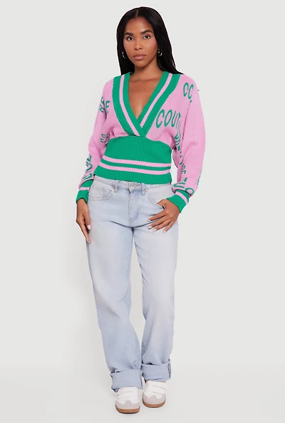 Womens Couture Graphic Long Sleeve Plunge Neck Sweater, Pink, Size XL