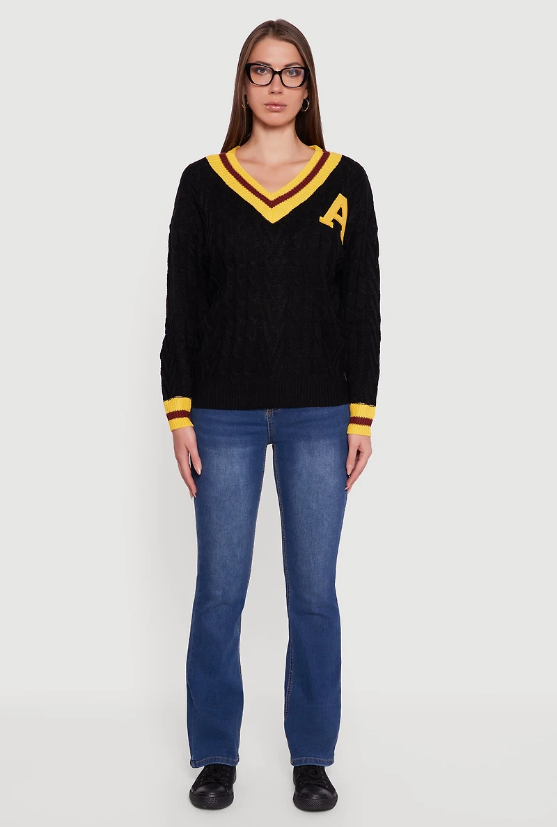 Womens Cable Knit Varsity Stripe Sweater,
