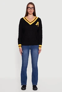 Womens Cable Knit Varsity Stripe Sweater,