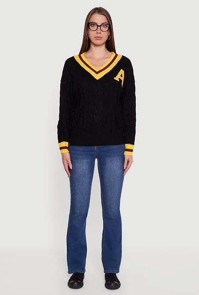 Womens Cable Knit Varsity Stripe Sweater,