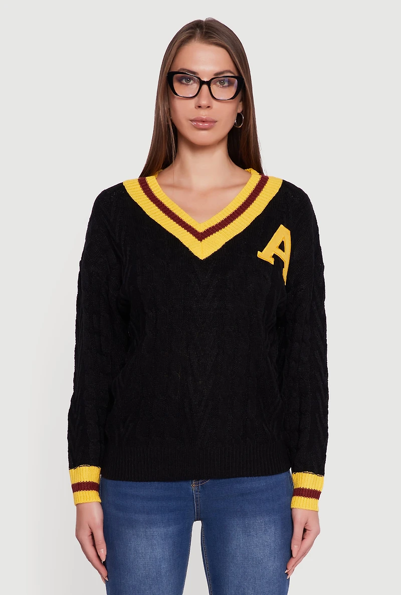 Womens Cable Knit Varsity Stripe Sweater,
