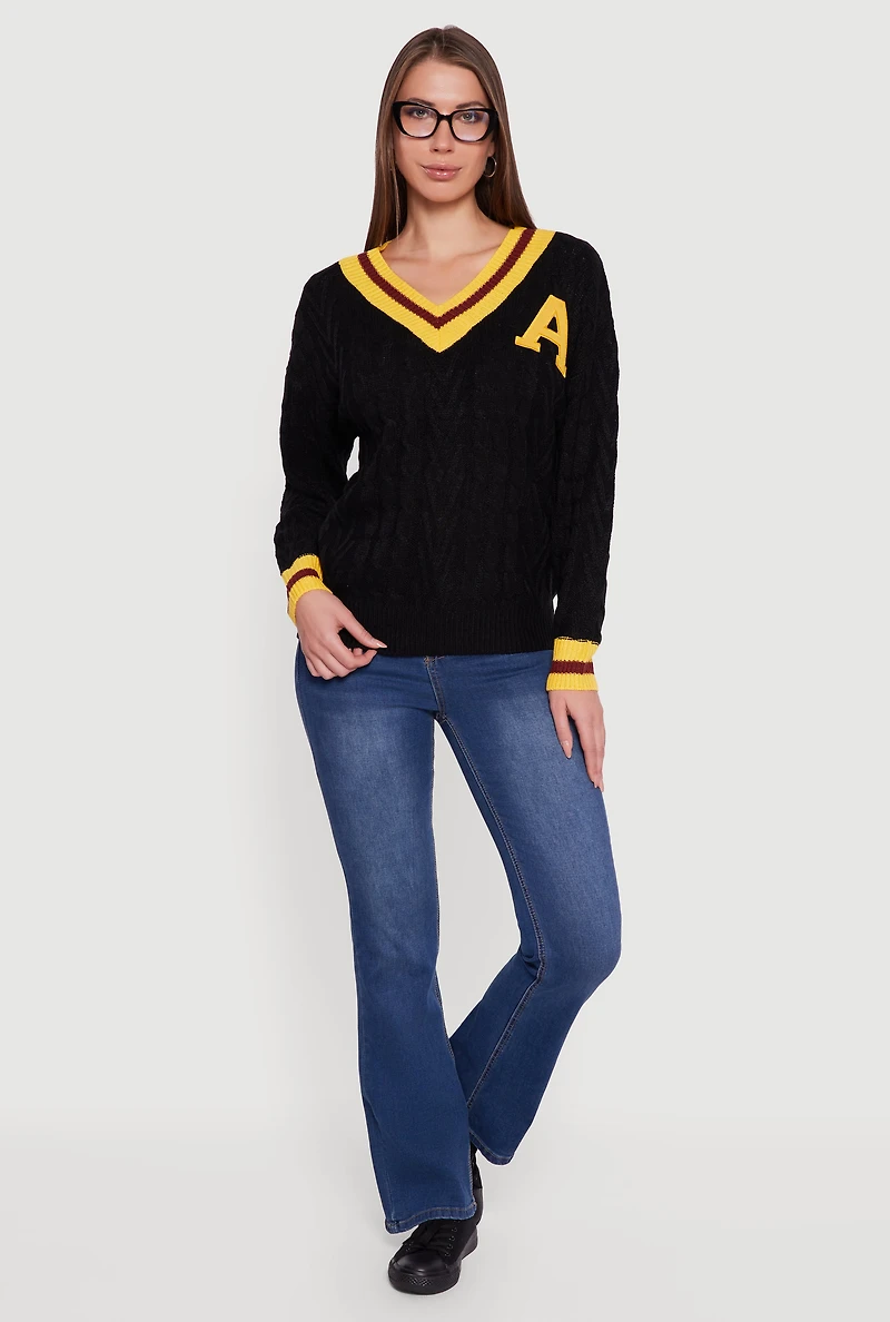 Womens Cable Knit Varsity Stripe Sweater,