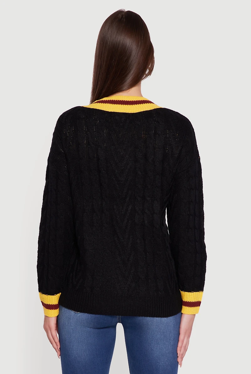 Womens Cable Knit Varsity Stripe Sweater,