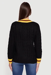 Womens Cable Knit Varsity Stripe Sweater,