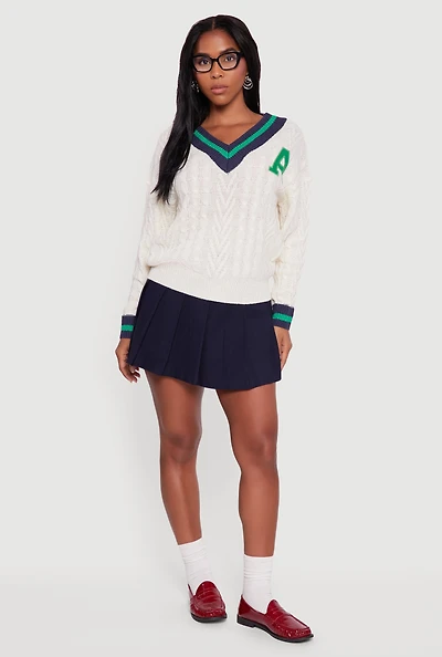 Womens Cable Knit Varsity Stripe Sweater, White,