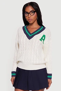 Womens Cable Knit Varsity Stripe Sweater, White,
