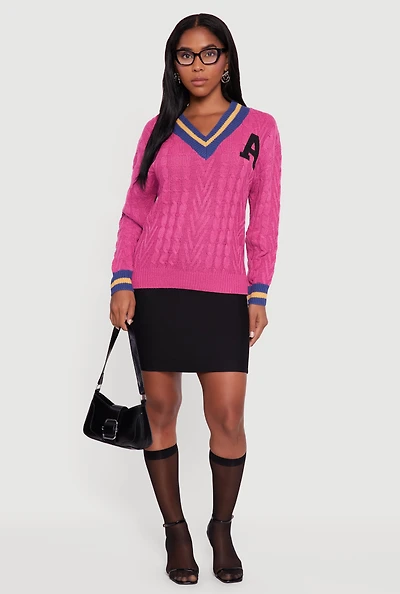 Womens Cable Knit Varsity Stripe Sweater,