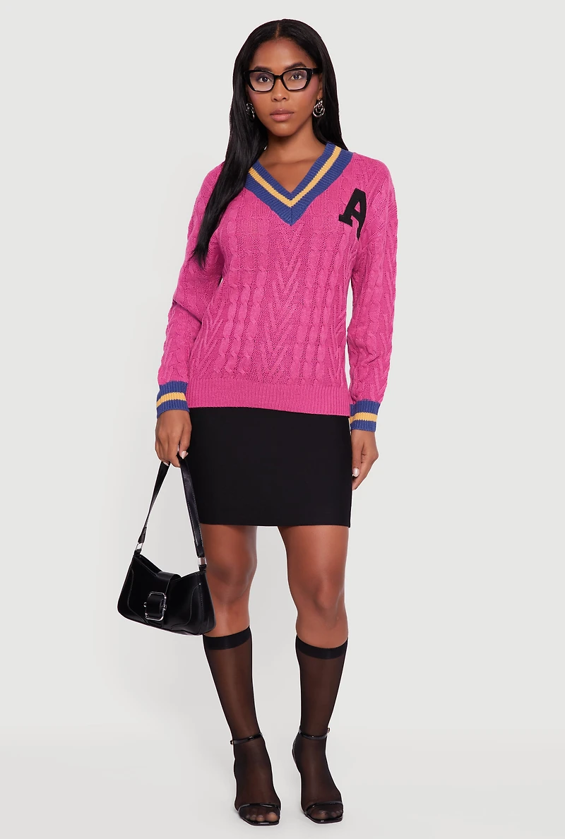 Cable Knit Varsity Stripe Sweater