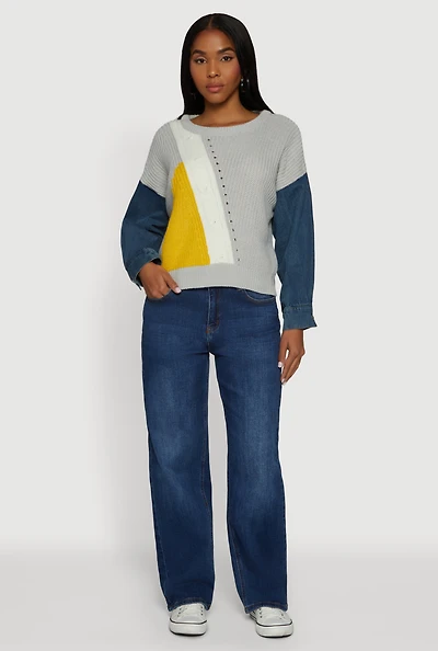 Womens Color Blocked Sweater with Denim Sleeves, Grey,