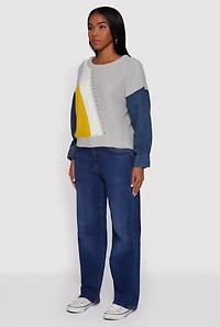 Womens Color Blocked Sweater with Denim Sleeves, Grey,