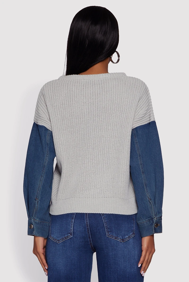 Color Blocked Sweater with Denim Sleeves