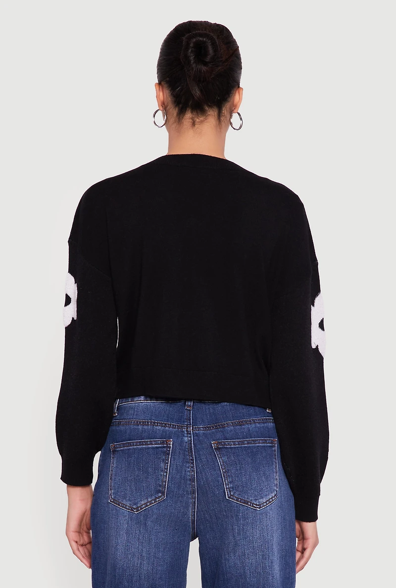 Womens Daisy Flower Crew Neck Cropped Sweater,