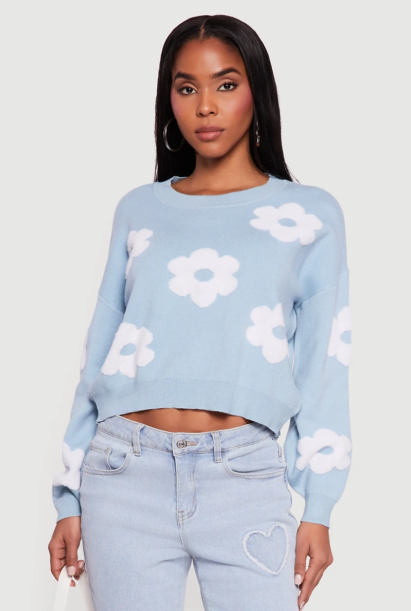 Daisy Flower Crew Neck Cropped Sweater