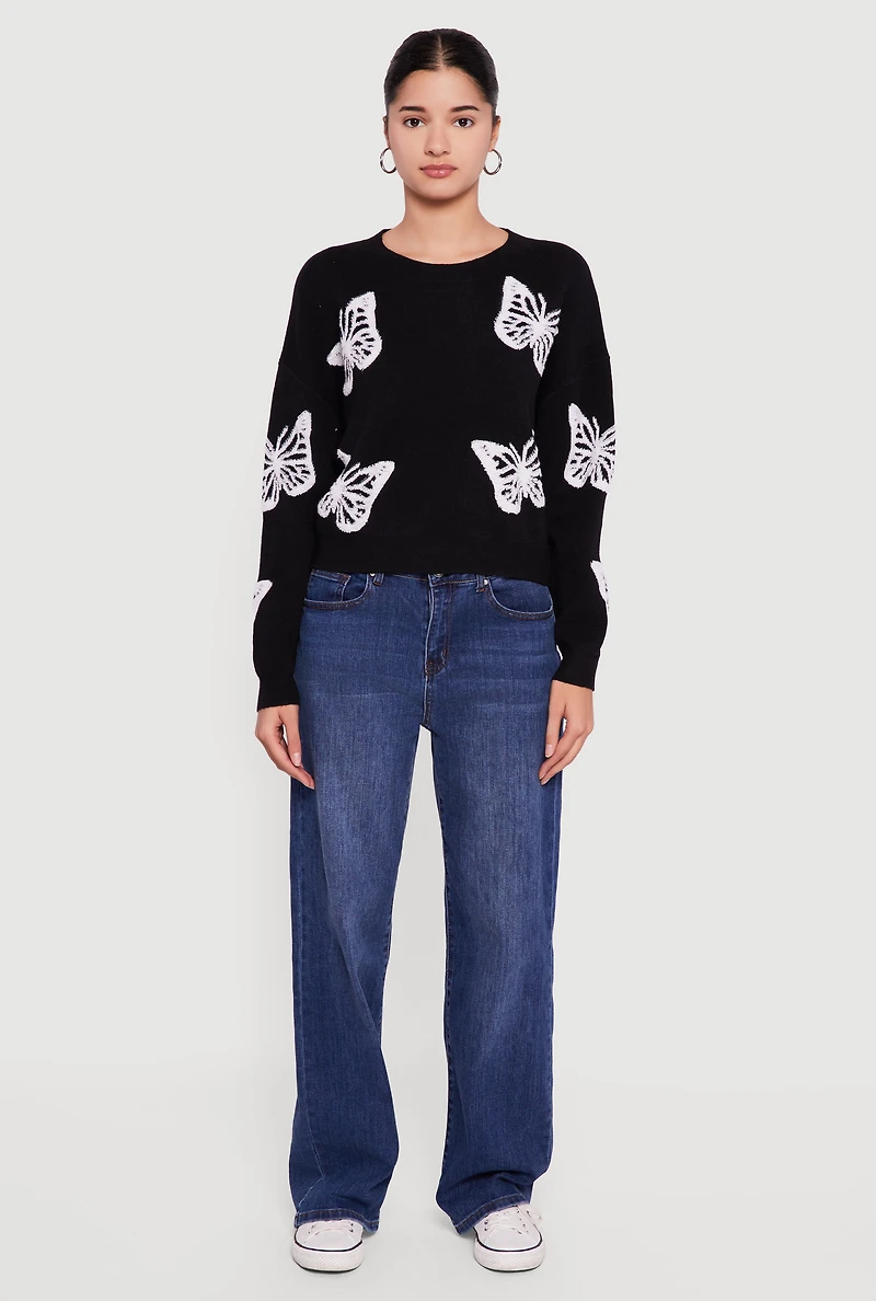 Womens Butterfly Long Sleeve Crew Neck Sweater, Black, Size XL