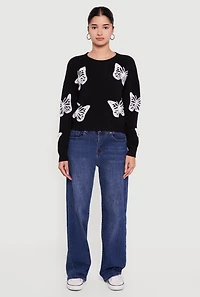 Womens Butterfly Long Sleeve Crew Neck Sweater, Black, Size XL
