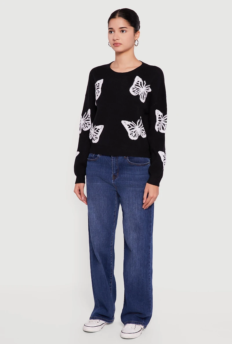 Womens Butterfly Long Sleeve Crew Neck Sweater, Black, Size XL
