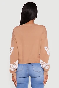 Womens Butterfly Long Sleeve Crew Neck Sweater, Beige, Size S