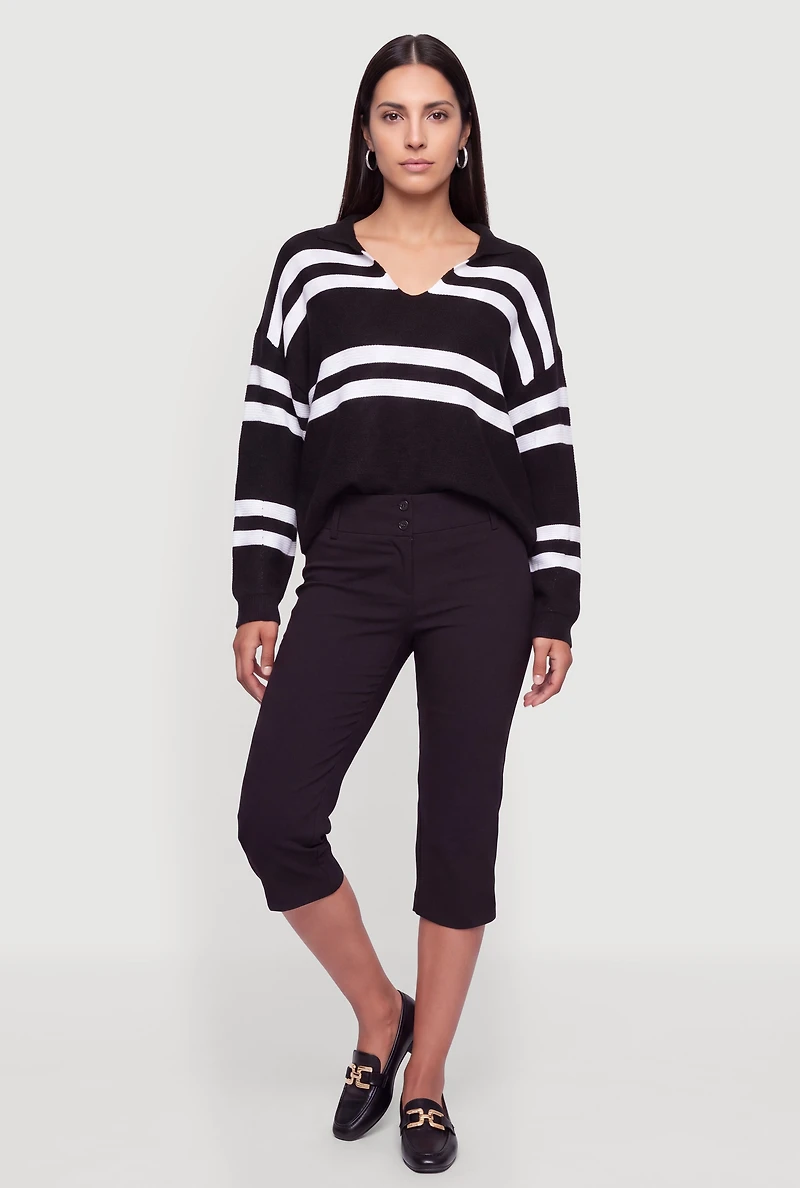 Striped Collared V-Neck Sweater Crochet Knit