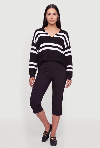 Striped Collared V-Neck Sweater Crochet Knit