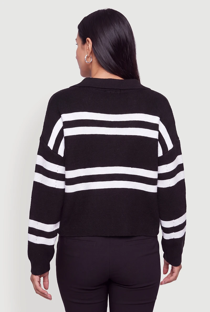 Striped Collared V-Neck Sweater Crochet Knit