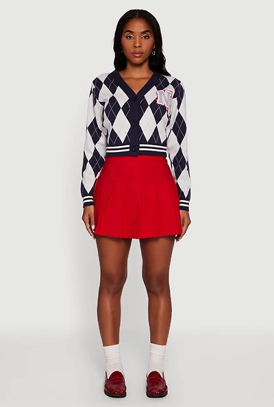 Womens Destination Patch Graphic Argyle Plaid Button Front Cardigan,