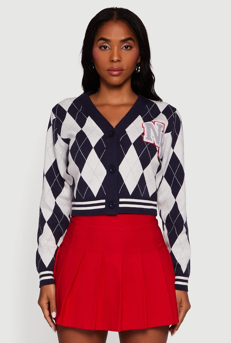 Destination Patch Graphic Argyle Plaid Button Front Cardigan
