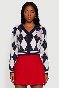 Destination Patch Graphic Argyle Plaid Button Front Cardigan