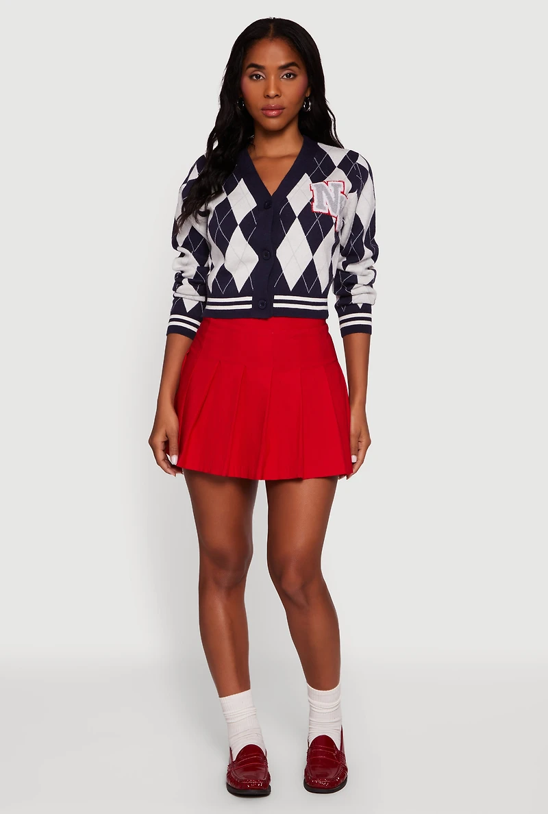 Womens Destination Patch Graphic Argyle Plaid Button Front Cardigan,