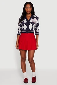 Womens Destination Patch Graphic Argyle Plaid Button Front Cardigan,