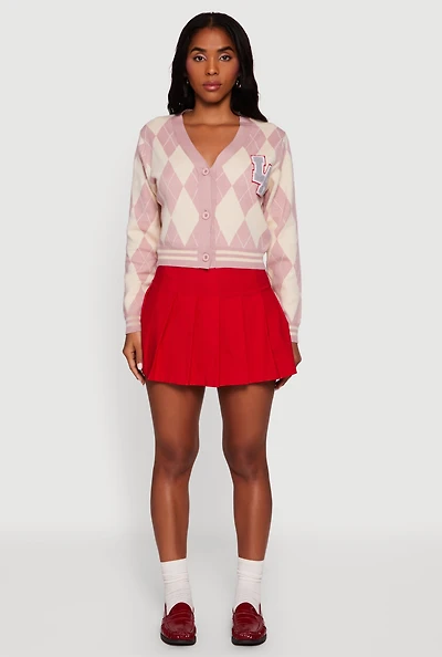 Womens Destination Patch Graphic Argyle Plaid Button Front Cardigan, Pink,