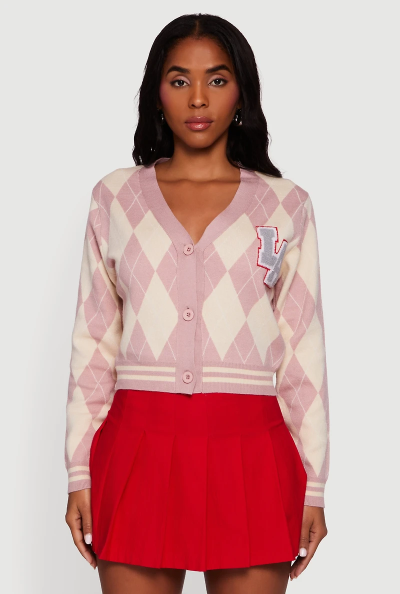 Destination Patch Graphic Argyle Plaid Button Front Cardigan