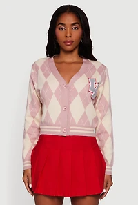 Destination Patch Graphic Argyle Plaid Button Front Cardigan