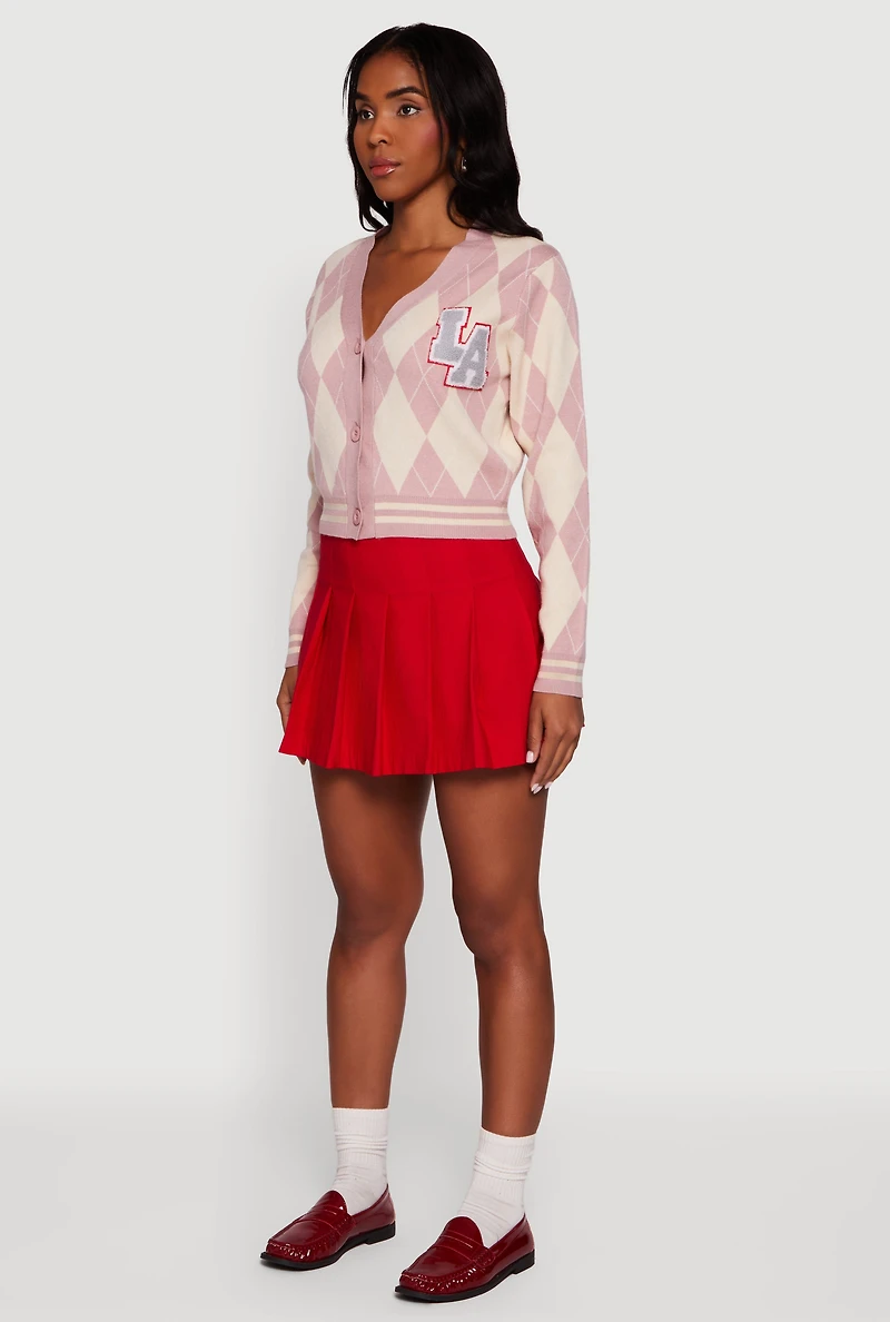 Destination Patch Graphic Argyle Plaid Button Front Cardigan