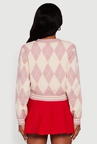 Destination Patch Graphic Argyle Plaid Button Front Cardigan