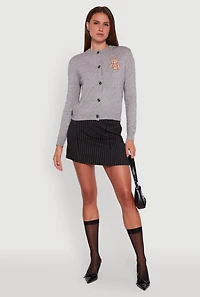 Womens Embroidered Teddy Button Front Long Sleeve Cardigan, Grey, Size M