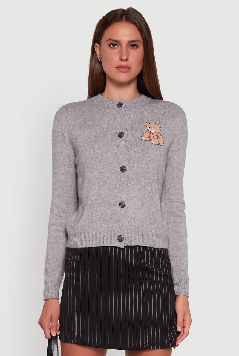 Womens Embroidered Teddy Button Front Long Sleeve Cardigan, Grey, Size M