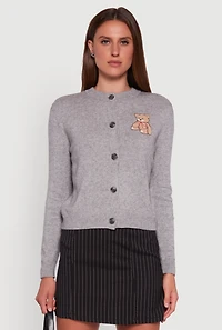 Womens Embroidered Teddy Button Front Long Sleeve Cardigan, Grey, Size M