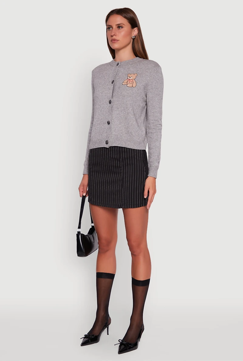 Womens Embroidered Teddy Button Front Long Sleeve Cardigan, Grey, Size M