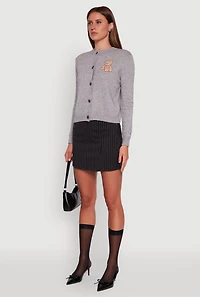 Womens Embroidered Teddy Button Front Long Sleeve Cardigan, Grey, Size M