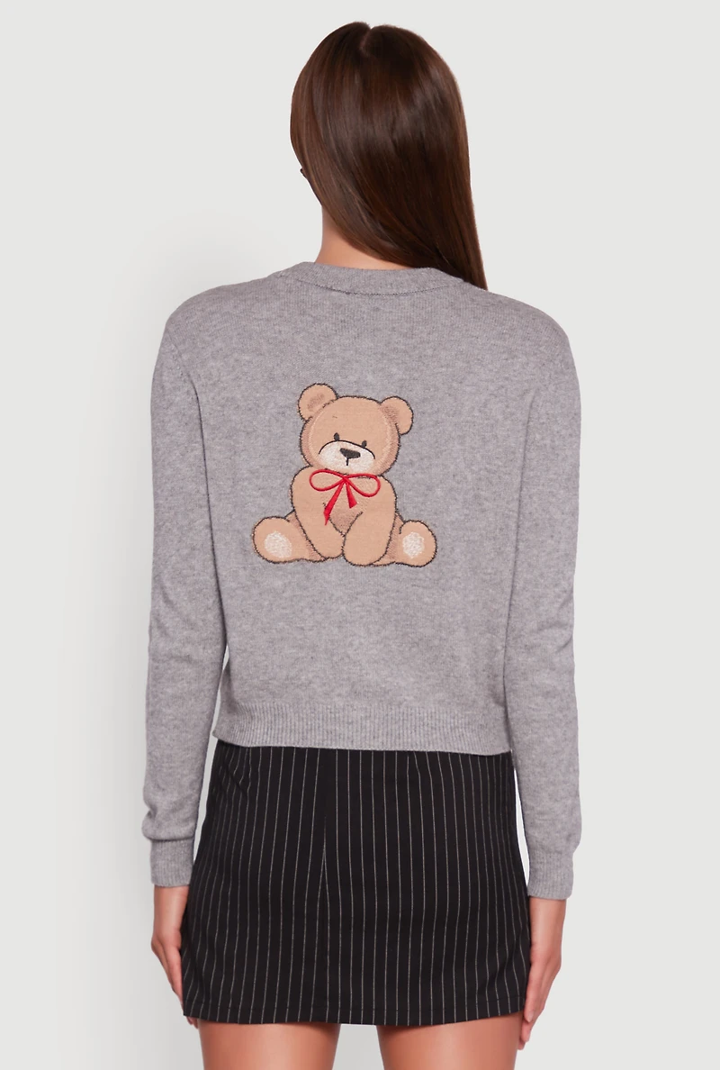 Womens Embroidered Teddy Button Front Long Sleeve Cardigan,