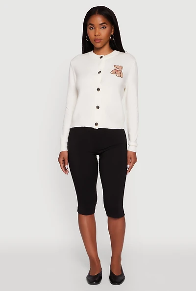 Embroidered Teddy Button Front Long Sleeve Cardigan