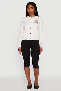 Embroidered Teddy Button Front Long Sleeve Cardigan