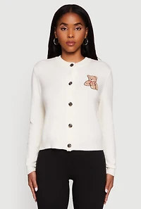 Embroidered Teddy Button Front Long Sleeve Cardigan