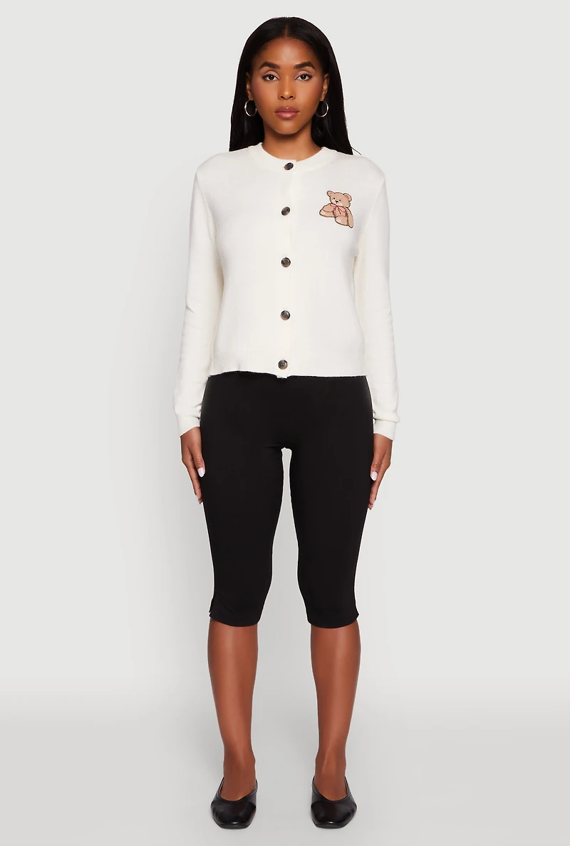 Womens Embroidered Teddy Button Front Long Sleeve Cardigan, White, Size XL