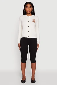 Womens Embroidered Teddy Button Front Long Sleeve Cardigan, White, Size XL