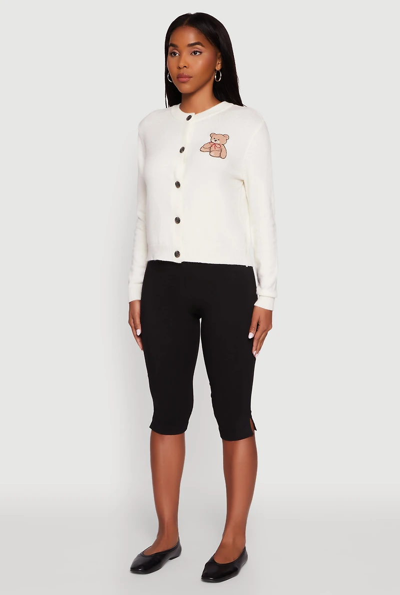 Embroidered Teddy Button Front Long Sleeve Cardigan